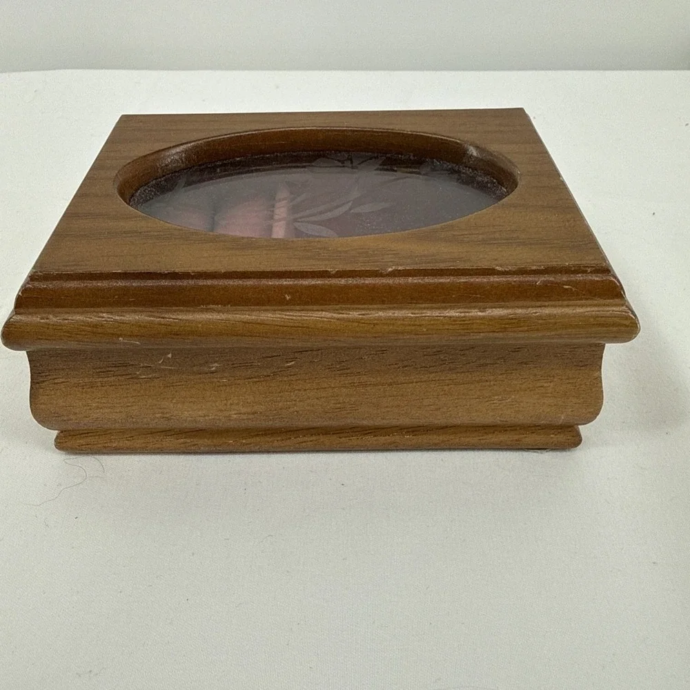 Vintage Small Wooden Jewelry Box Etched Flower Design Oval Glass Top Pink Velvet